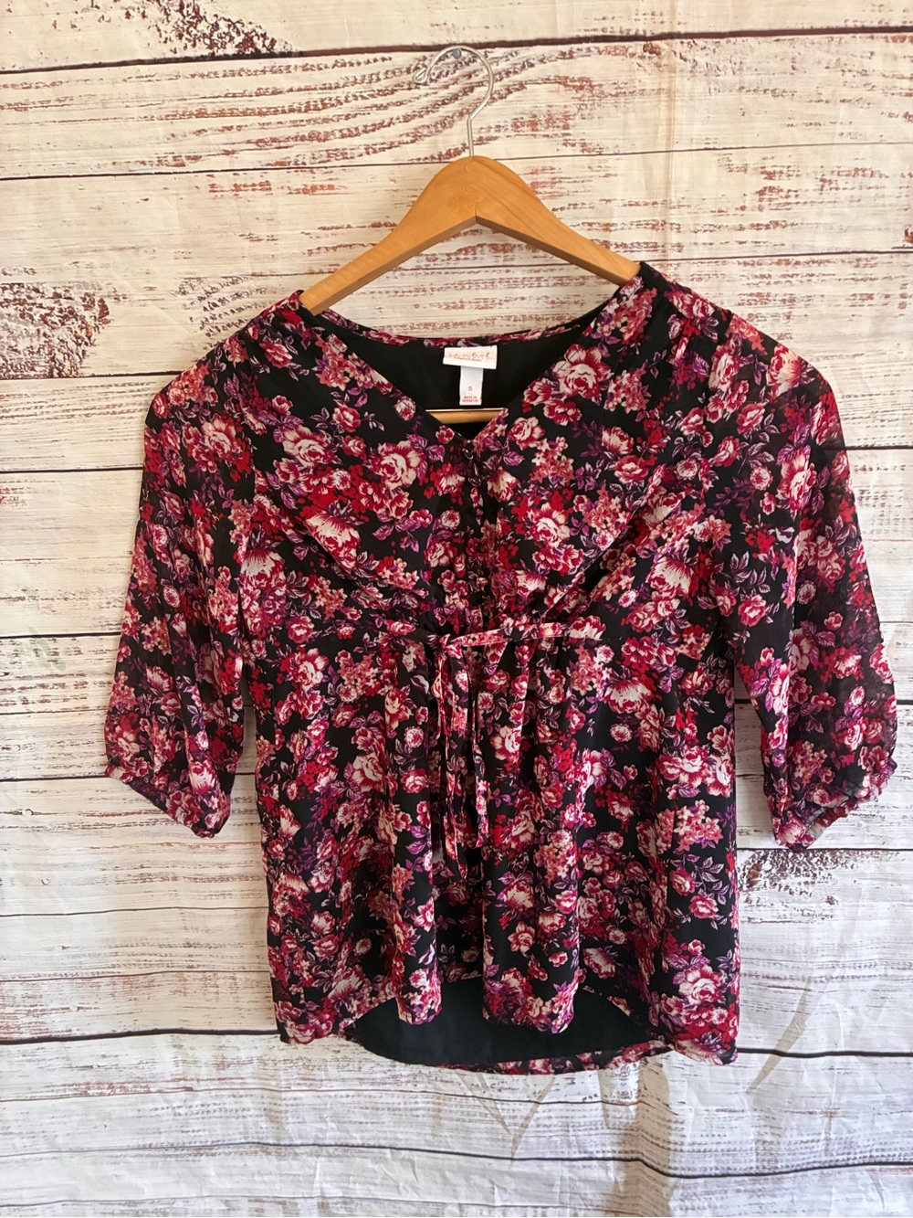 Isabel Maternity Women's Black Floral Tie-Front Blouse Small